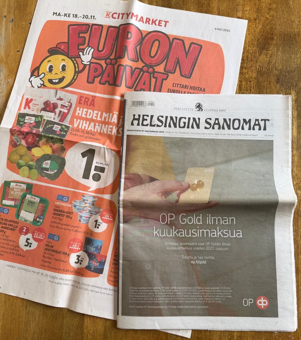 【フィンランド訪問】ヘルシンキ編 #18 ヘルシンキの新聞とフリーペーパー。折込チラシに数独が入っていた