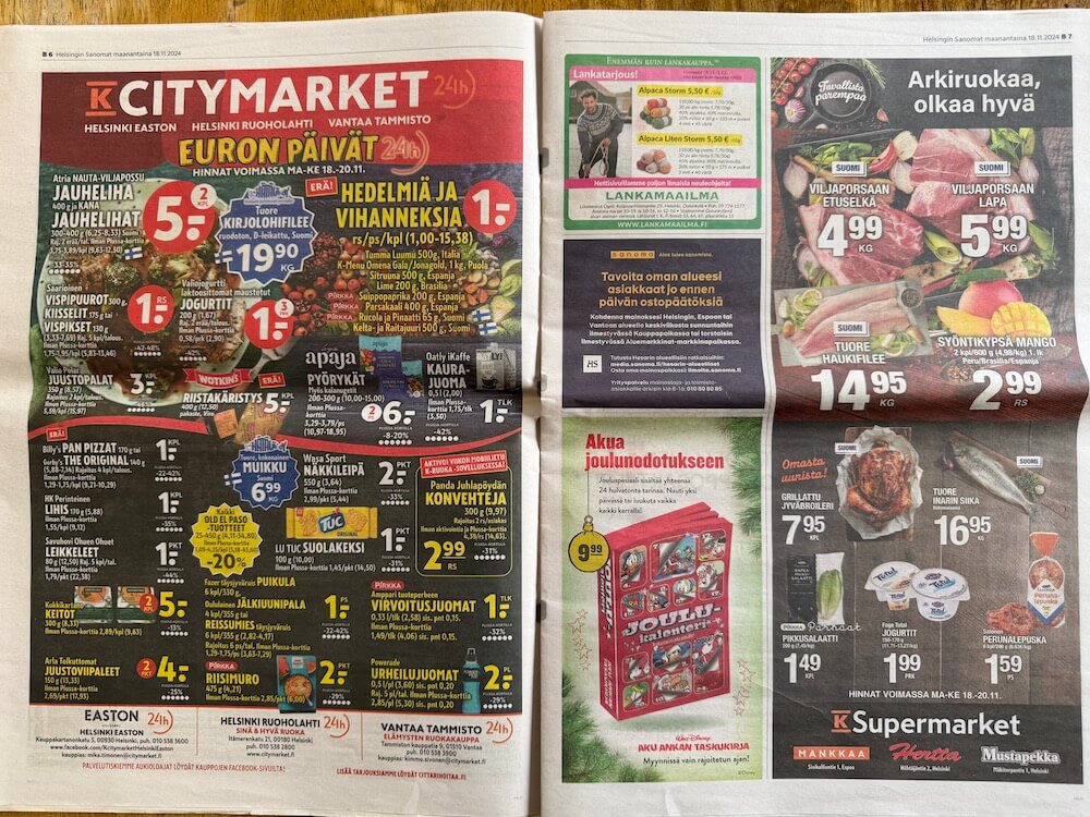 【フィンランド訪問】ヘルシンキ編 #18 ヘルシンキの新聞とフリーペーパー。折込チラシに数独が入っていた